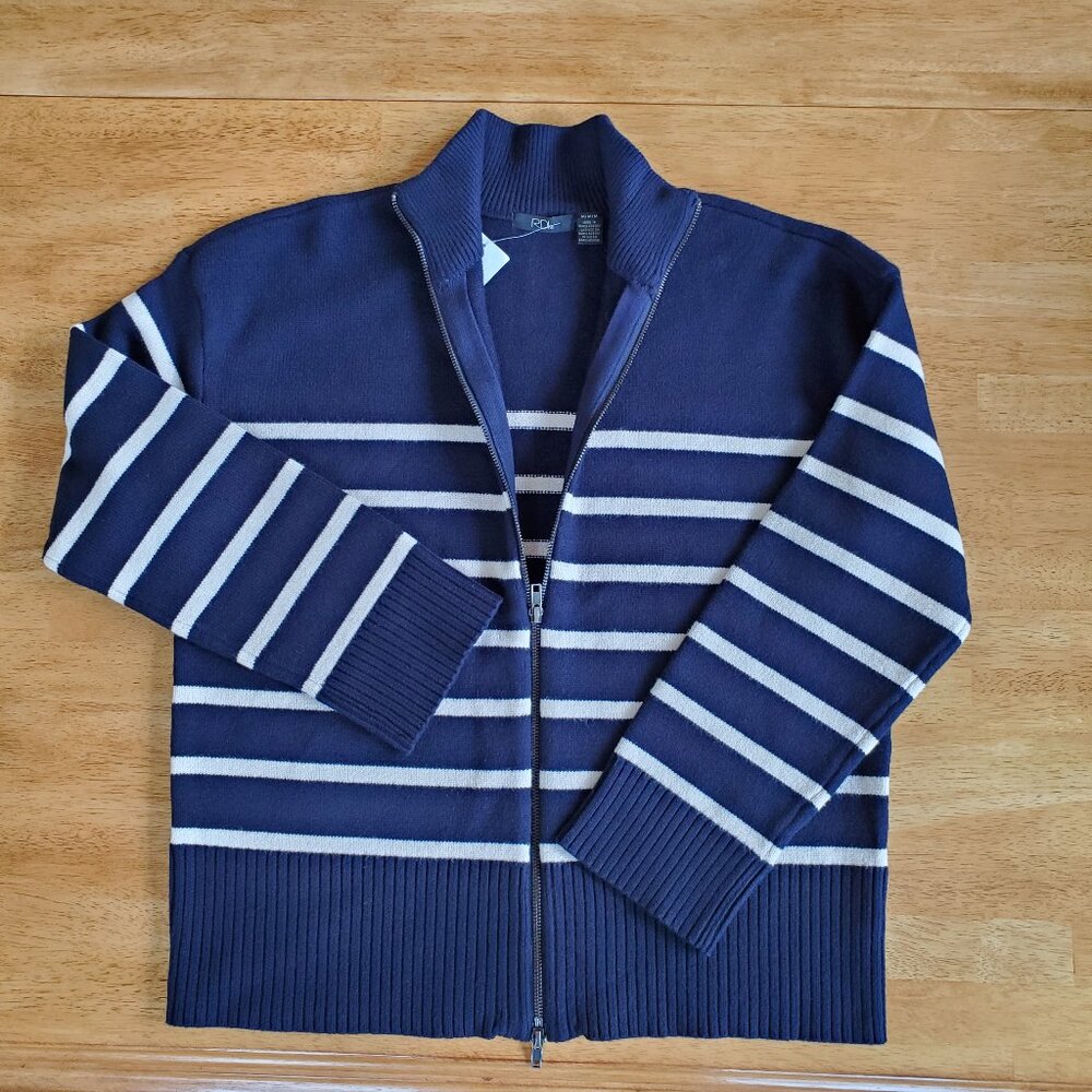 Navy Blue and Cream Striped Mock Neck Zip Up Sweater Size Medium Nautical Preppy
